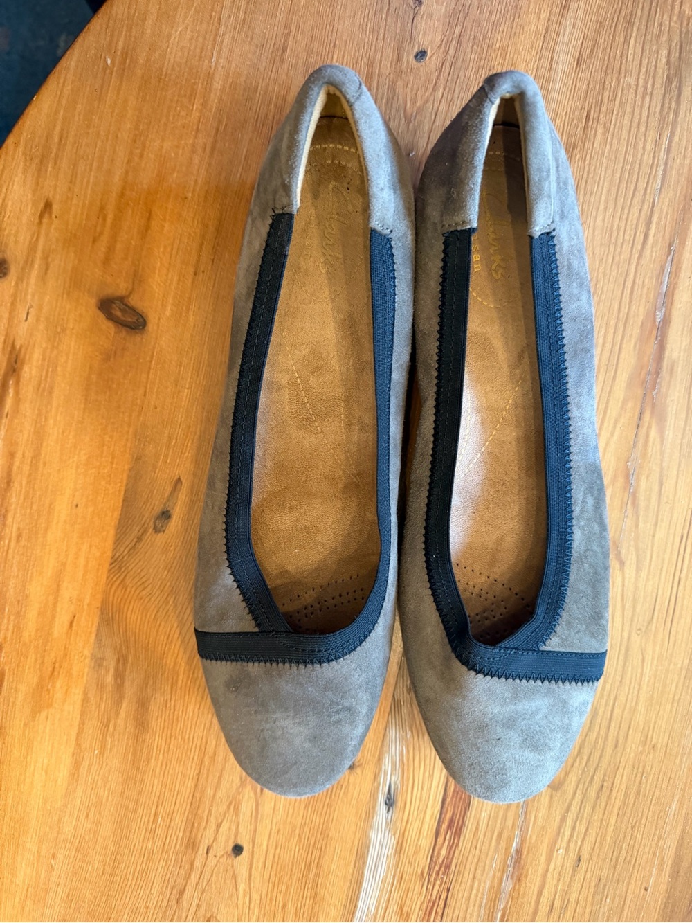 Clarks Taupe Suede Ballet Flats with Black Trim
